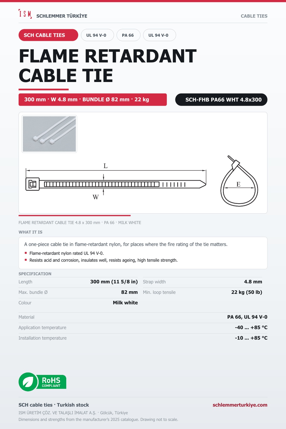FLAME RETARDANT CABLE TIE (UL 94 V-0) 4.8x300 MILK WHITE POLYAMIDE 6.6