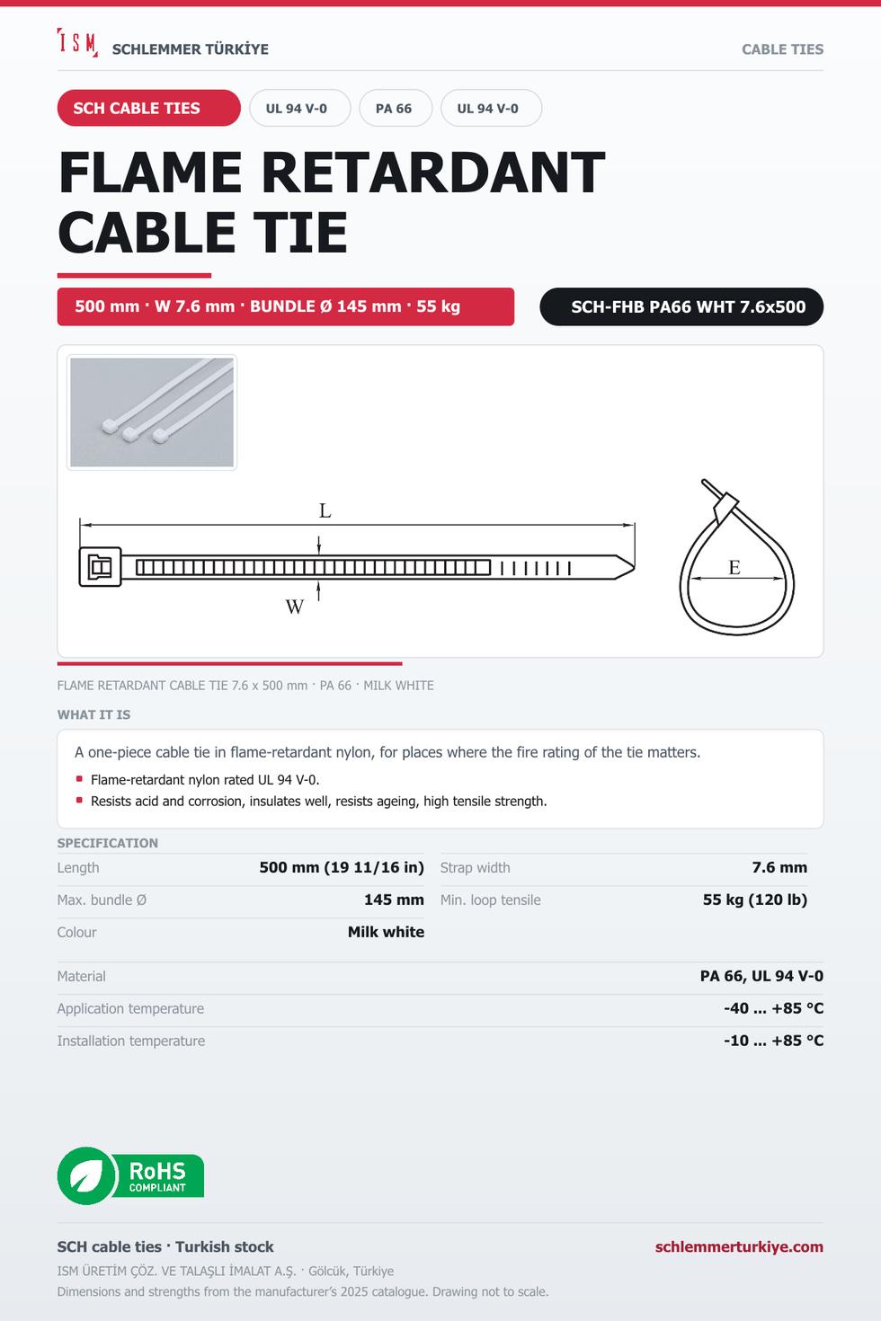 FLAME RETARDANT CABLE TIE (UL 94 V-0) 7.6x500 MILK WHITE POLYAMIDE 6.6