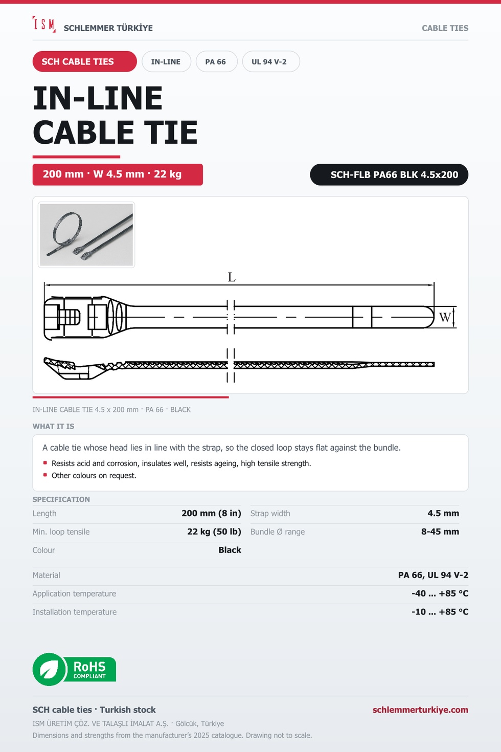 IN-LINE CABLE TIE 4.5x200 BLACK POLYAMIDE 6.6