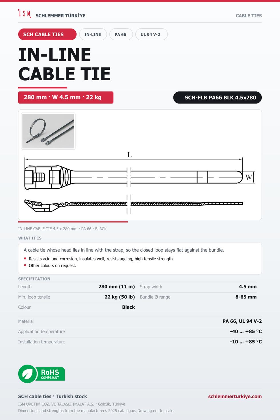 IN-LINE CABLE TIE 4.5x280 BLACK POLYAMIDE 6.6