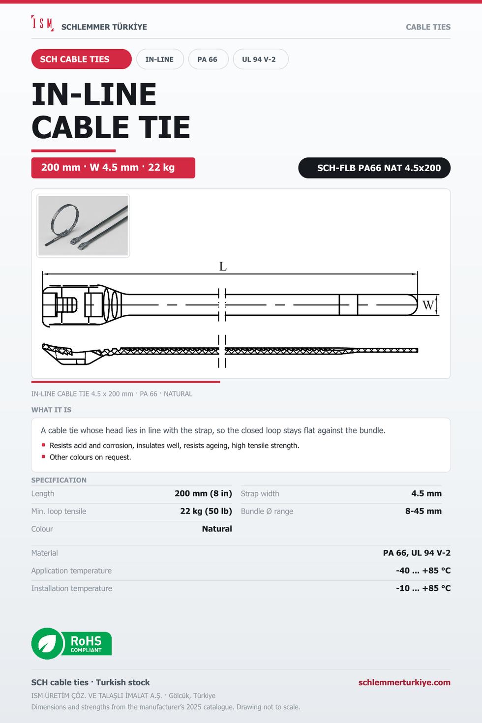 IN-LINE CABLE TIE 4.5x200 NATURAL POLYAMIDE 6.6