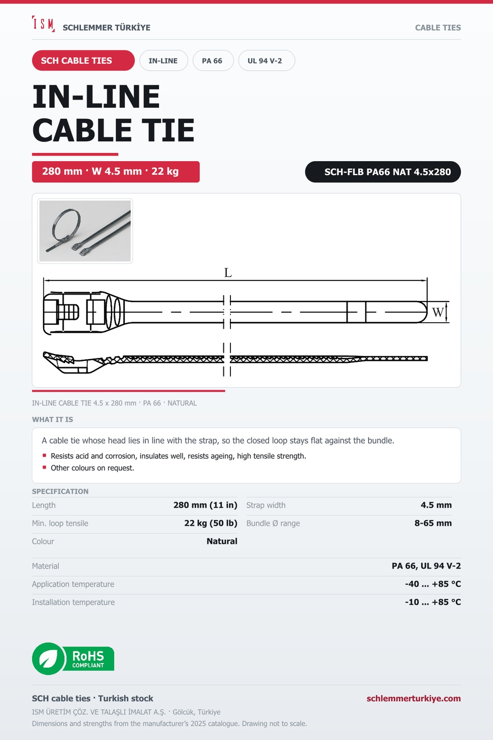 IN-LINE CABLE TIE 4.5x280 NATURAL POLYAMIDE 6.6