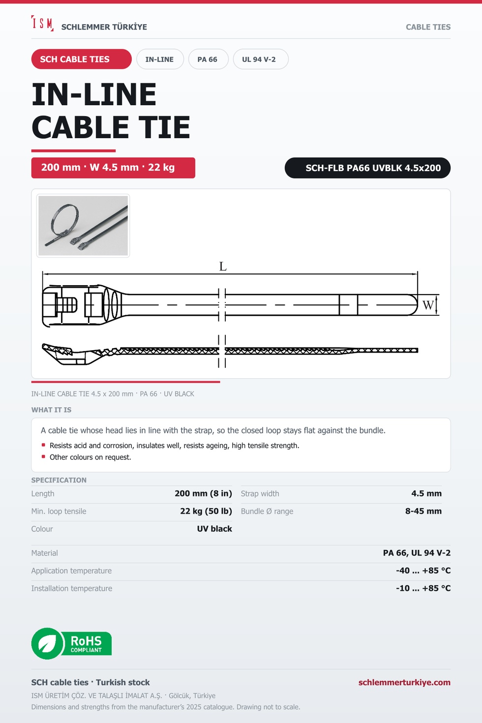 IN-LINE CABLE TIE 4.5x200 UV BLACK POLYAMIDE 6.6