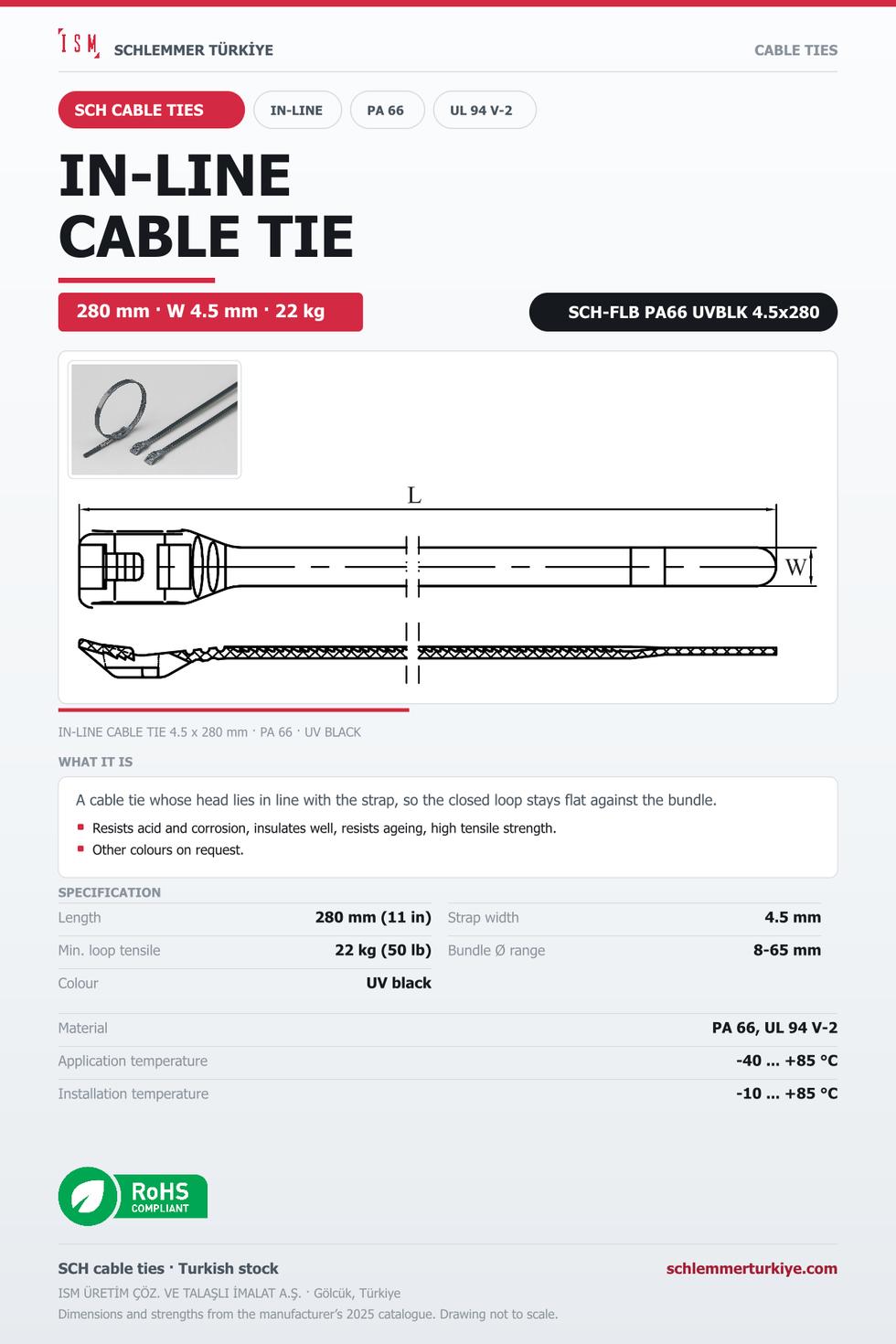 IN-LINE CABLE TIE 4.5x280 UV BLACK POLYAMIDE 6.6