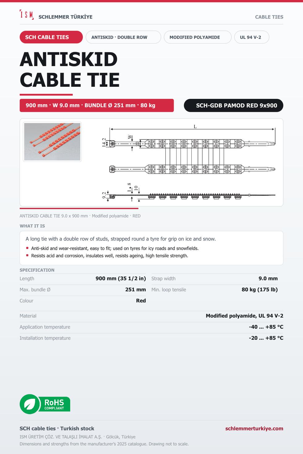 ANTISKID CABLE TIE DOUBLE ROW 9x900 RED MODIFIED POLYAMIDE