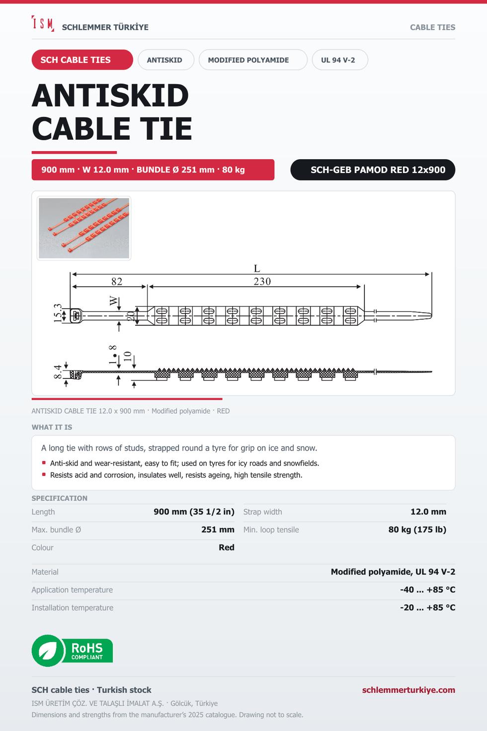 ANTISKID CABLE TIE SINGLE ROW 12x900 RED MODIFIED POLYAMIDE