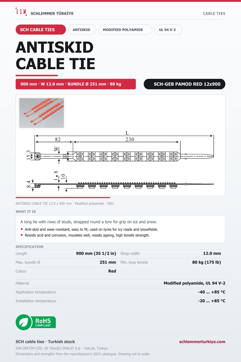 ANTISKID CABLE TIE SINGLE ROW 12x900 RED MODIFIED POLYAMIDE