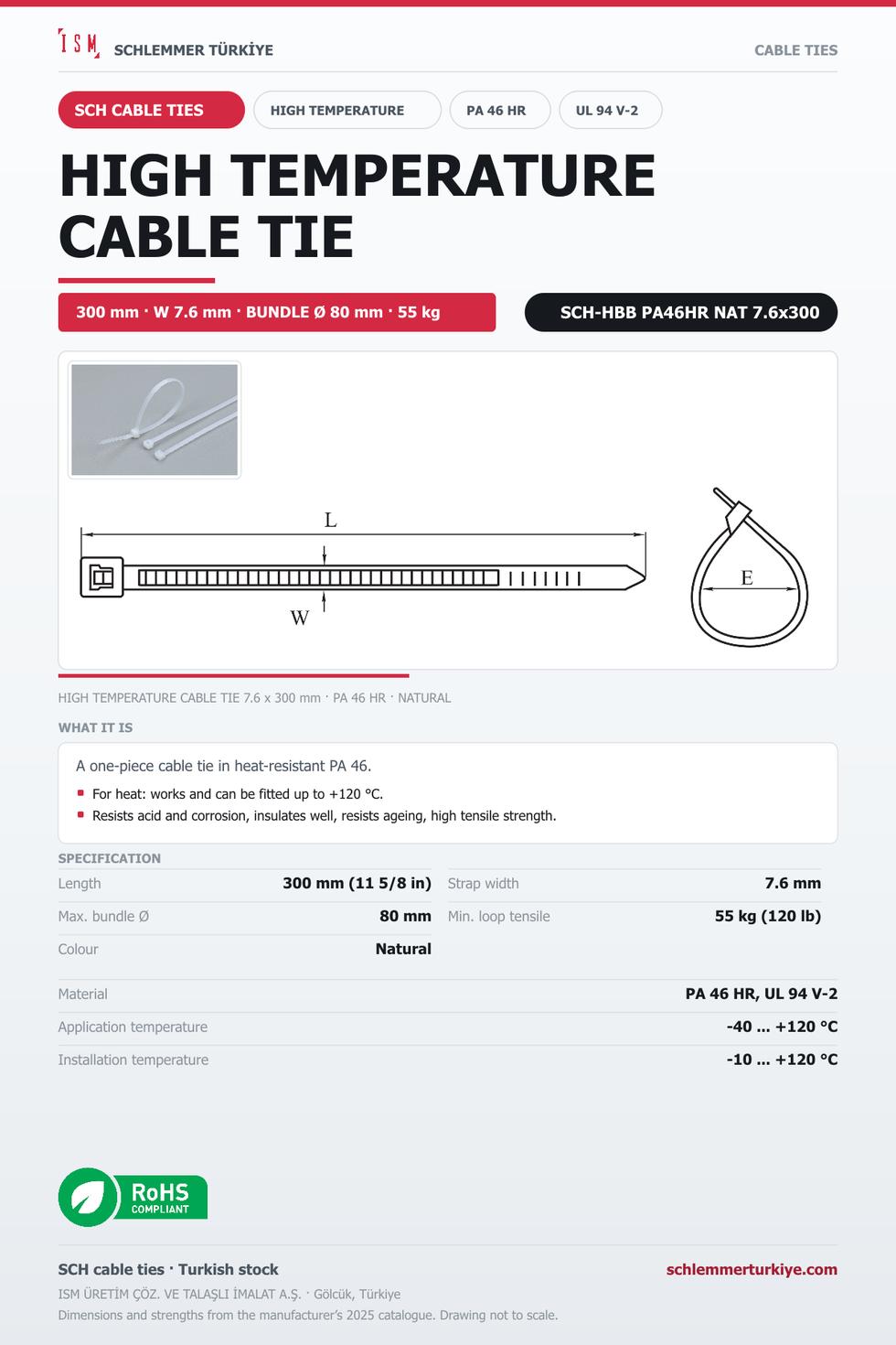 HIGH TEMPERATURE CABLE TIE 7.6x300 NATURAL POLYAMIDE 4.6 HEAT RESISTING