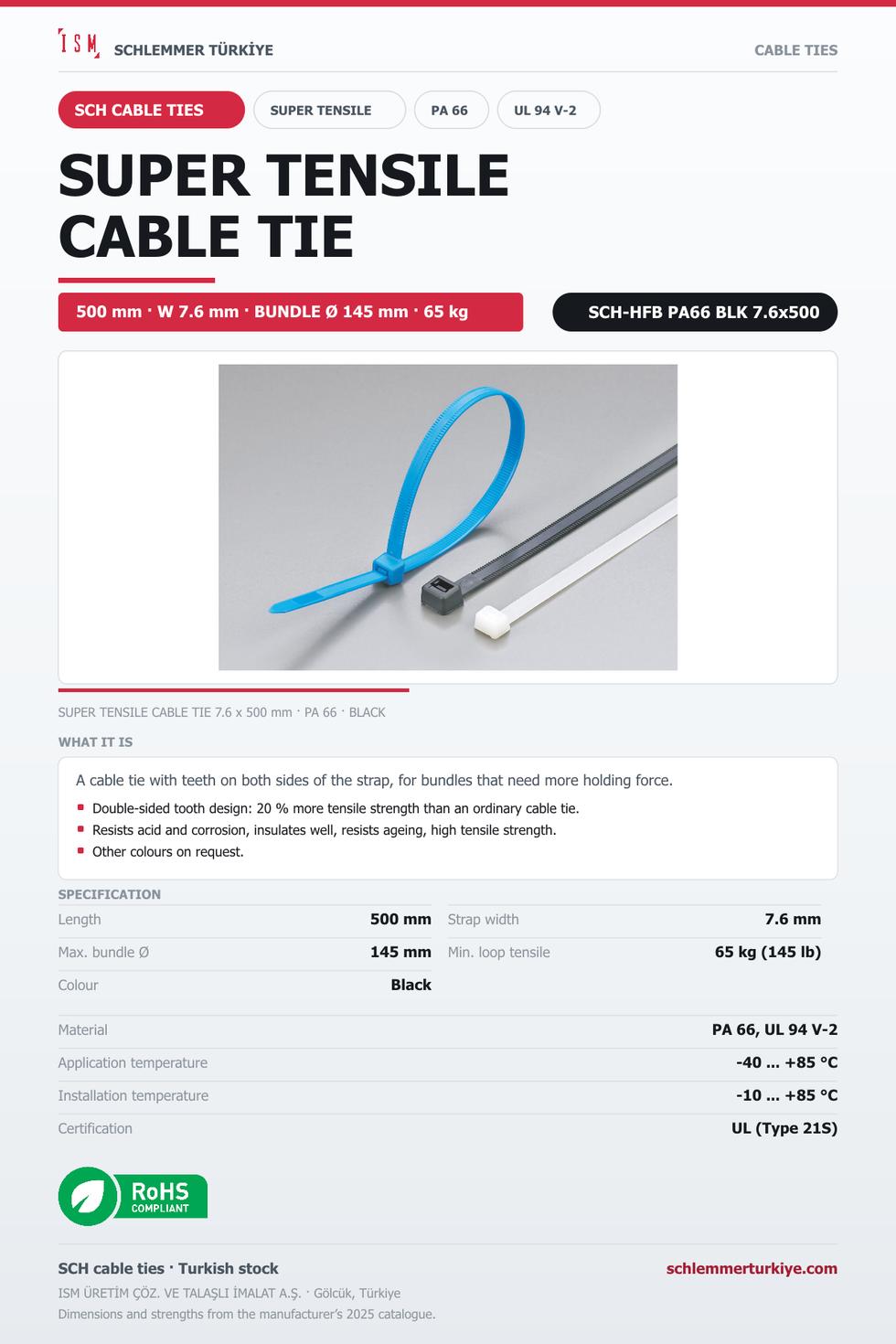 SUPER TENSILE CABLE TIE 7.6x500 BLACK POLYAMIDE 6.6