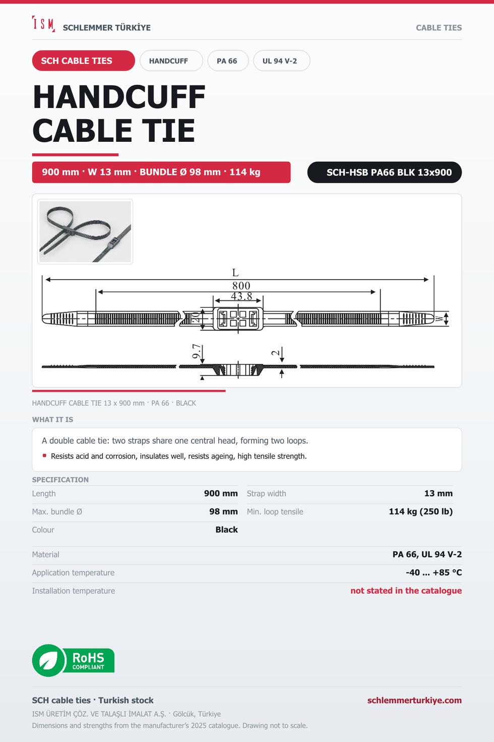 HANDCUFF CABLE TIE 13x900 BLACK POLYAMIDE 6.6