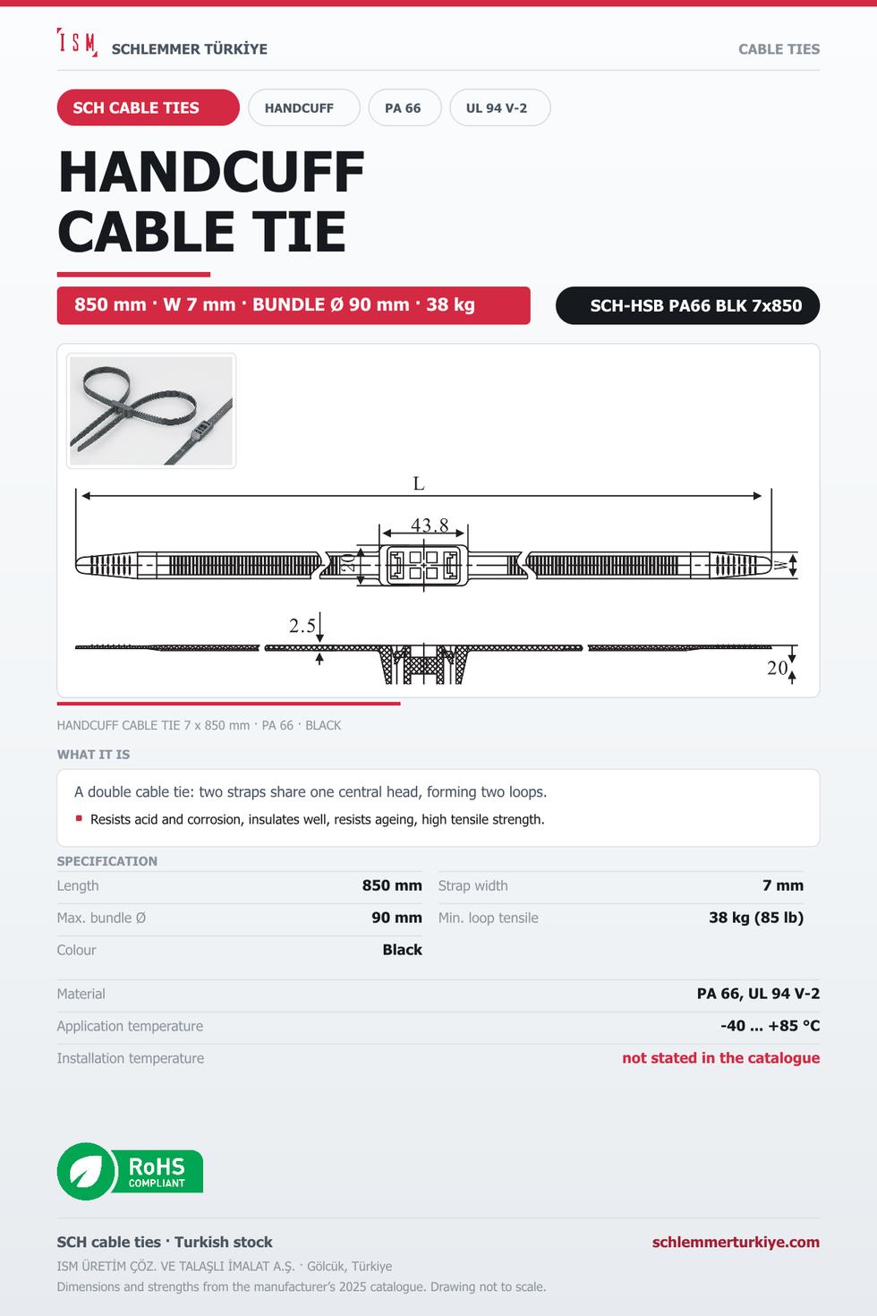HANDCUFF CABLE TIE 7x850 BLACK POLYAMIDE 6.6