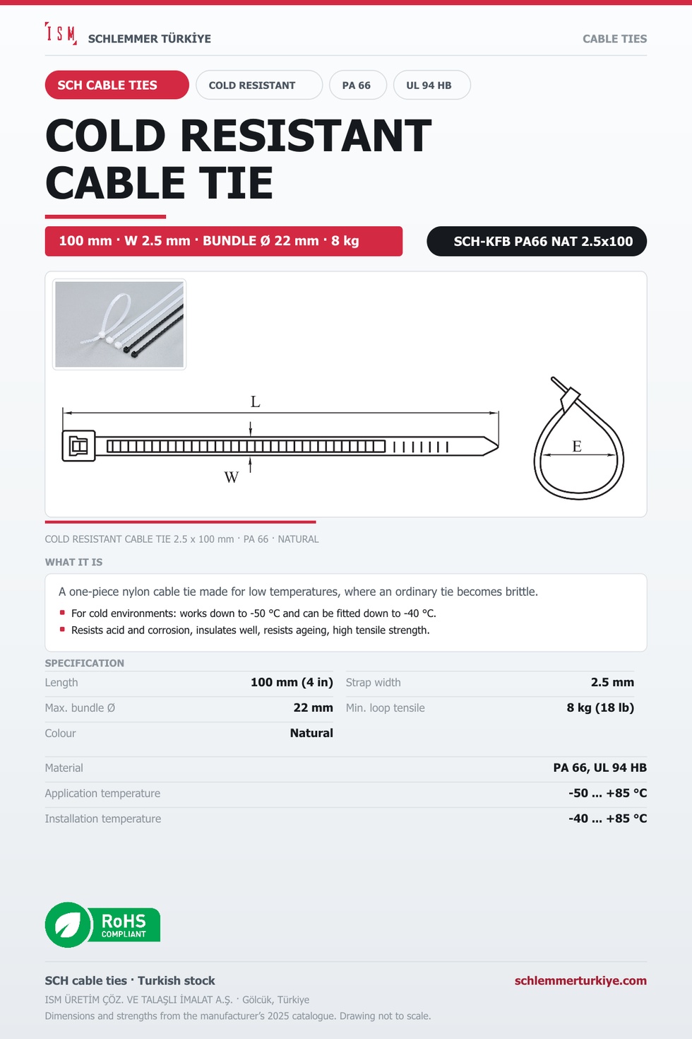 COLD RESISTANT CABLE TIE 2.5x100 NATURAL POLYAMIDE 6.6