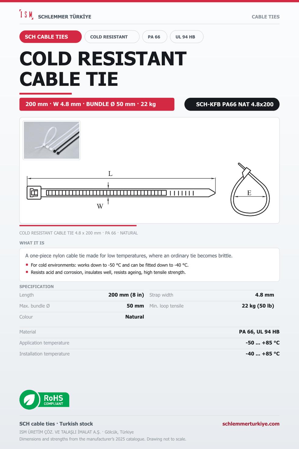 COLD RESISTANT CABLE TIE 4.8x200 NATURAL POLYAMIDE 6.6