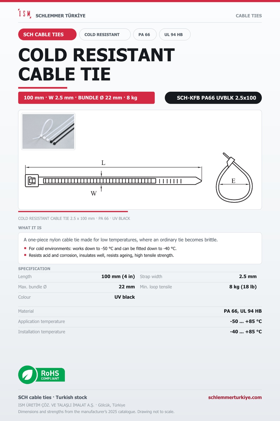 COLD RESISTANT CABLE TIE 2.5x100 UV BLACK POLYAMIDE 6.6
