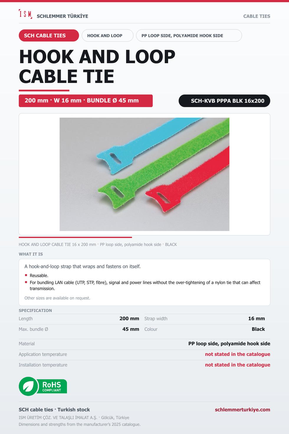 HOOK AND LOOP CABLE TIE 16x200 BLACK PP AND POLYAMIDE