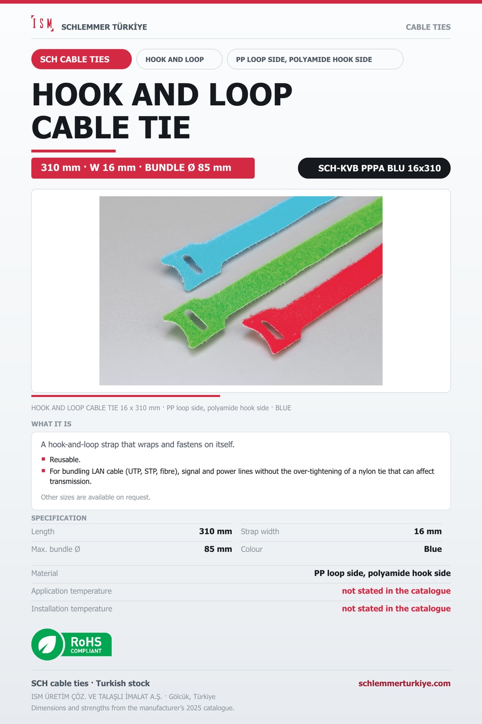 HOOK AND LOOP CABLE TIE 16x310 BLUE PP AND POLYAMIDE