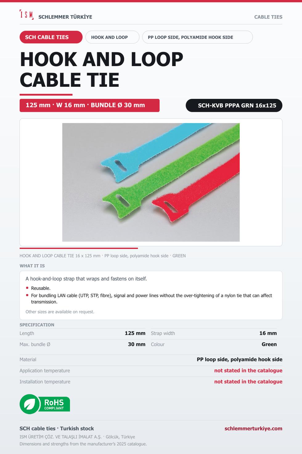 HOOK AND LOOP CABLE TIE 16x125 GREEN PP AND POLYAMIDE
