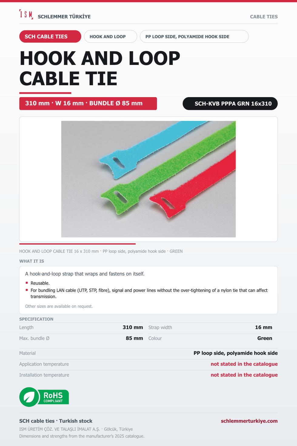 HOOK AND LOOP CABLE TIE 16x310 GREEN PP AND POLYAMIDE