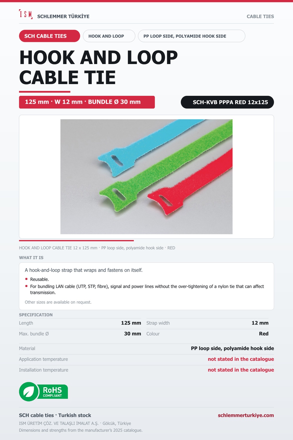 HOOK AND LOOP CABLE TIE 12x125 RED PP AND POLYAMIDE