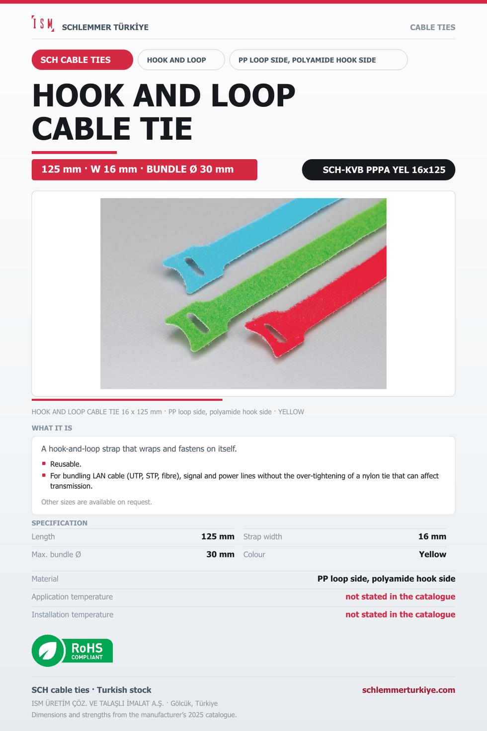 HOOK AND LOOP CABLE TIE 16x125 YELLOW PP AND POLYAMIDE
