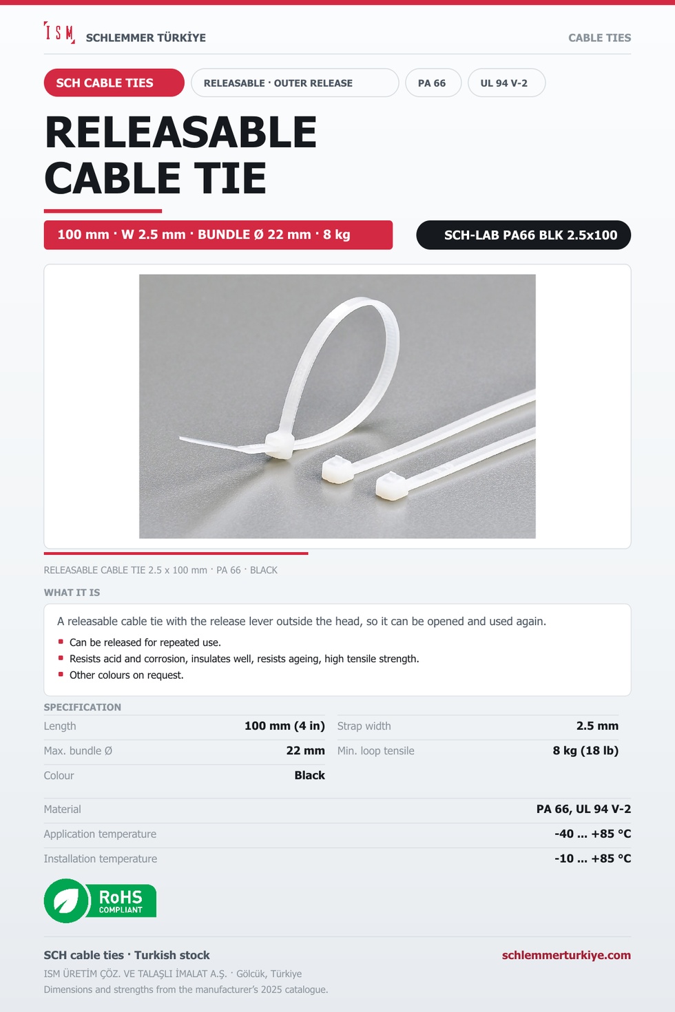 RELEASABLE CABLE TIE OUTER RELEASE 2.5x100 BLACK POLYAMIDE 6.6