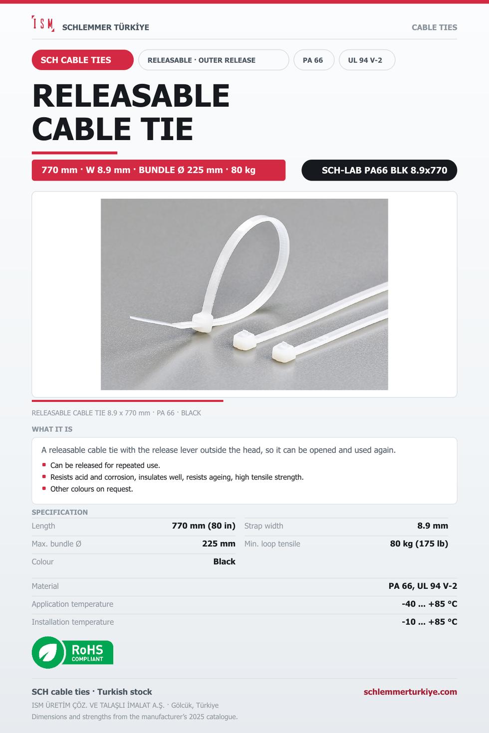 RELEASABLE CABLE TIE OUTER RELEASE 8.9x770 BLACK POLYAMIDE 6.6