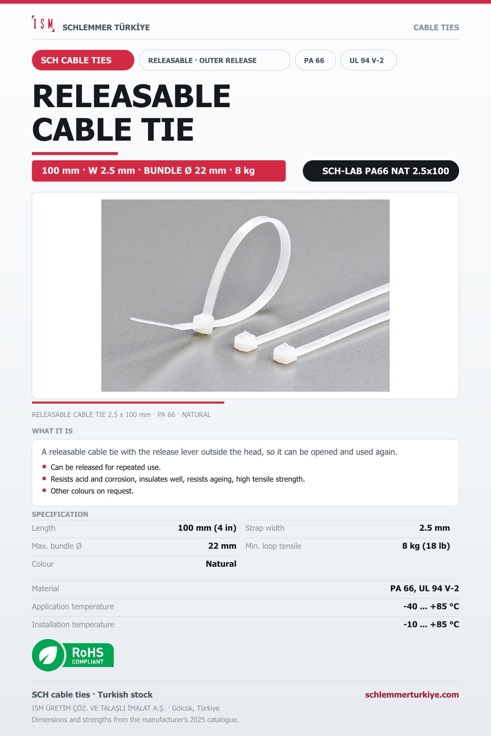 RELEASABLE CABLE TIE OUTER RELEASE 2.5x100 NATURAL POLYAMIDE 6.6