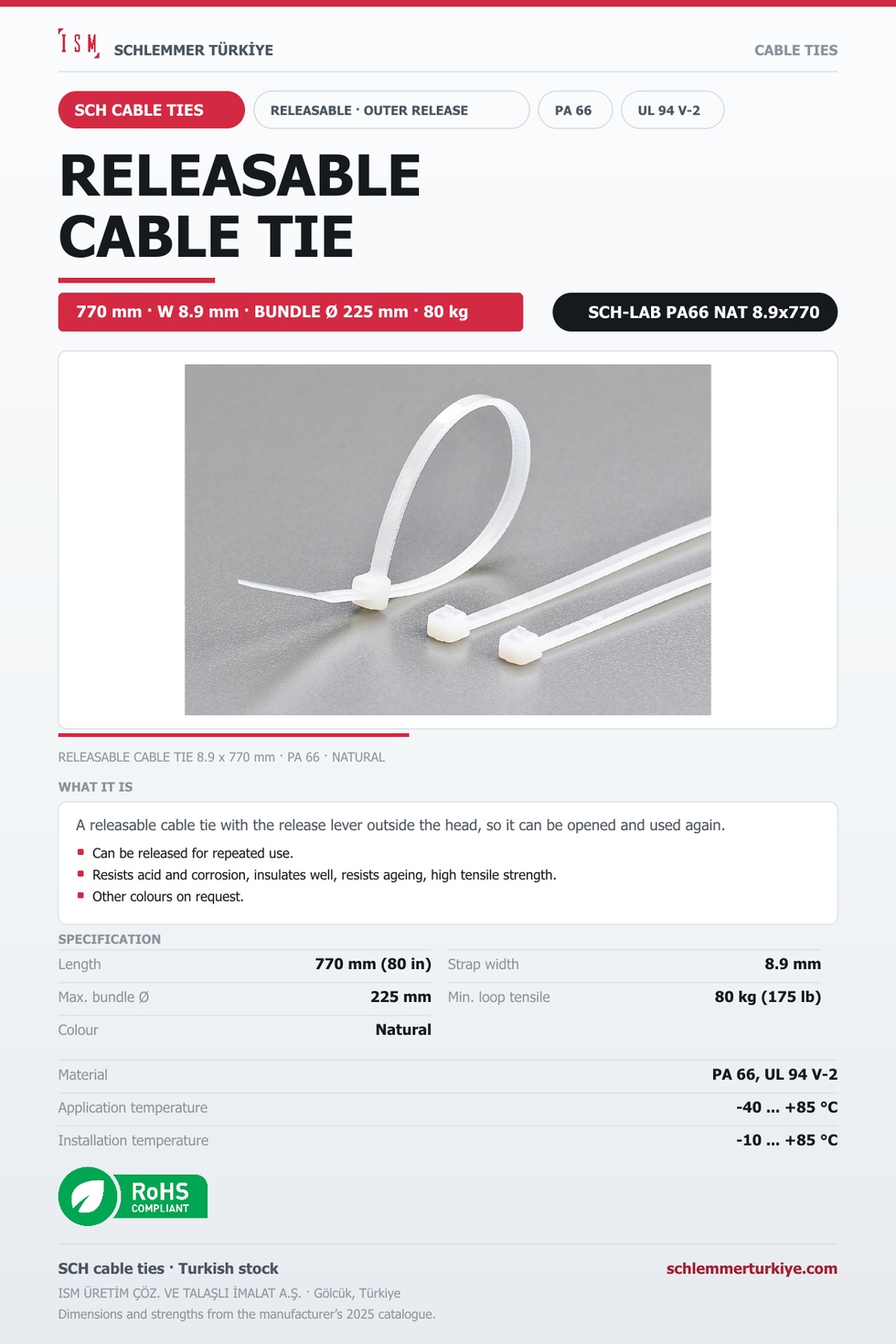 RELEASABLE CABLE TIE OUTER RELEASE 8.9x770 NATURAL POLYAMIDE 6.6