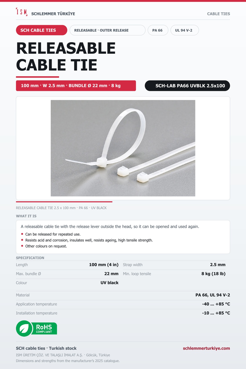 RELEASABLE CABLE TIE OUTER RELEASE 2.5x100 UV BLACK POLYAMIDE 6.6