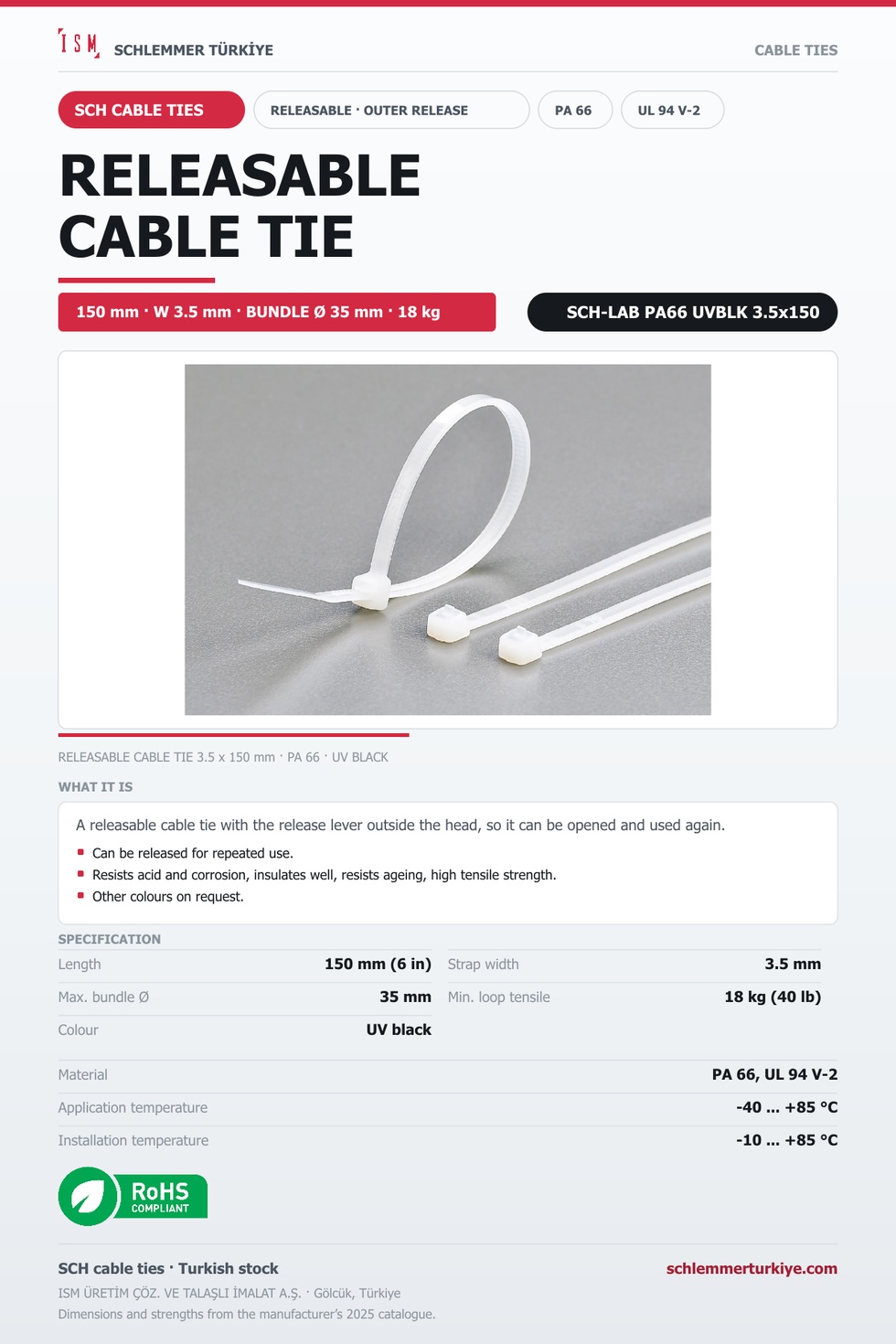 RELEASABLE CABLE TIE OUTER RELEASE 3.5x150 UV BLACK POLYAMIDE 6.6
