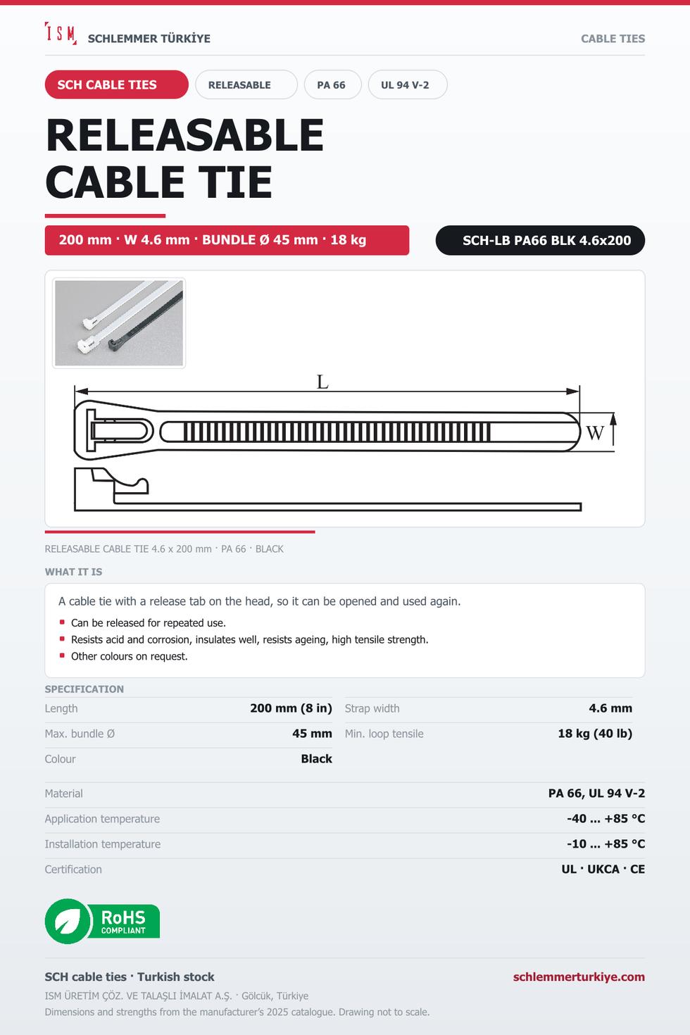 RELEASABLE CABLE TIE 4.6x200 BLACK POLYAMIDE 6.6