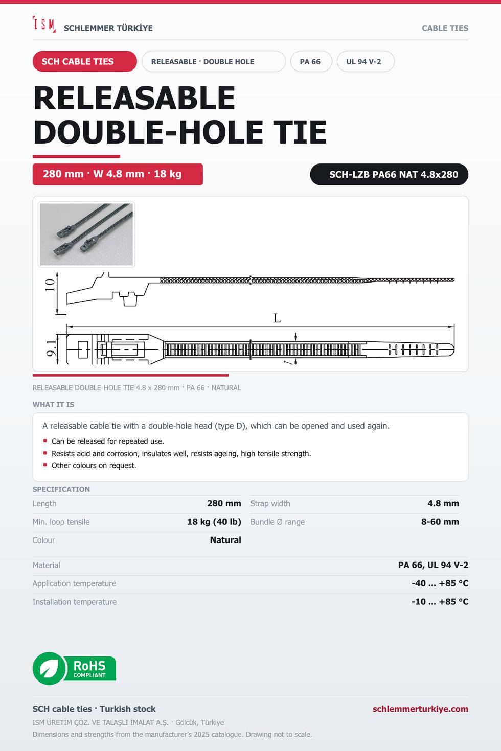 RELEASABLE CABLE TIE DOUBLE HOLE 4.8x280 NATURAL POLYAMIDE 6.6