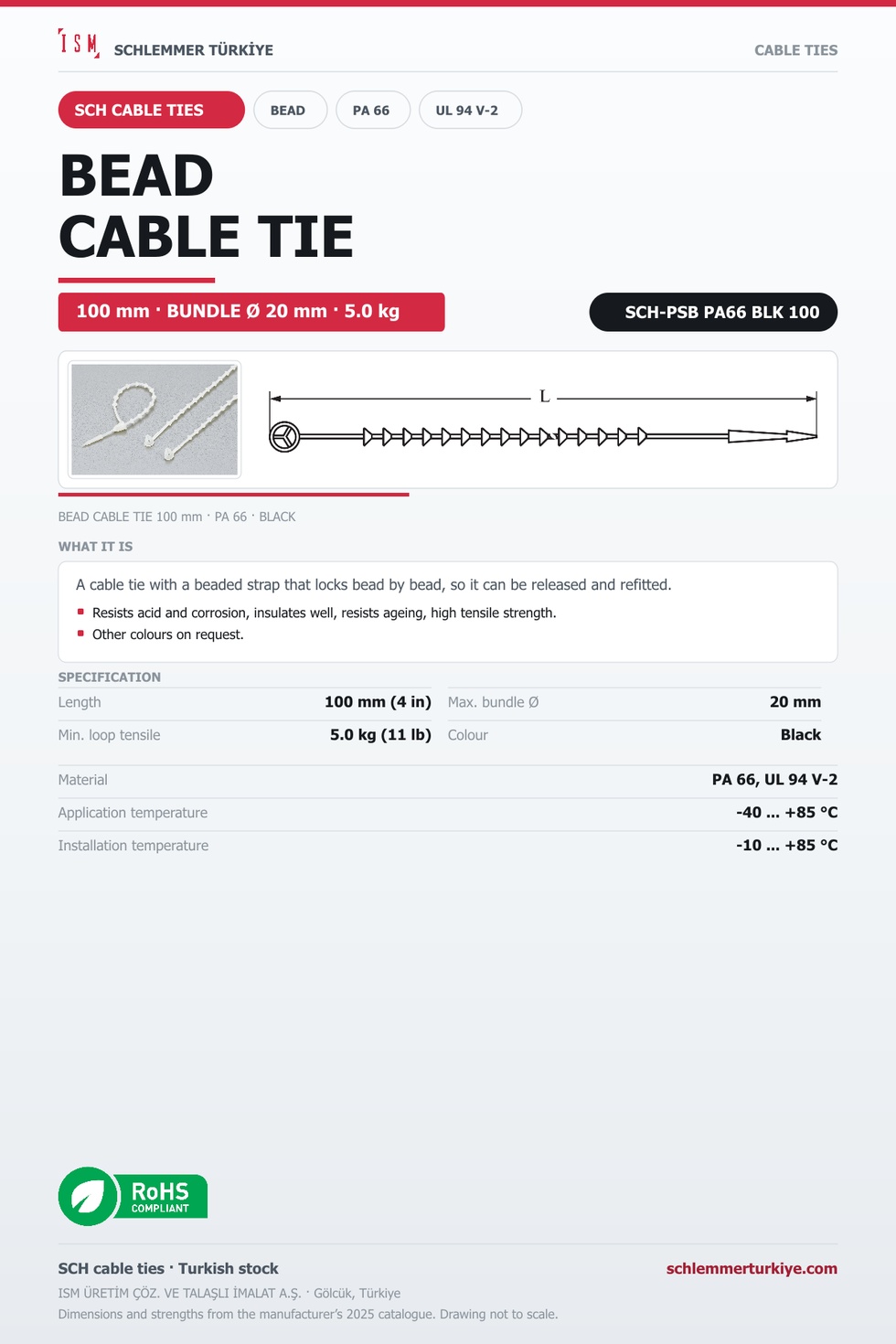 BEAD CABLE TIE 100 BLACK POLYAMIDE 6.6
