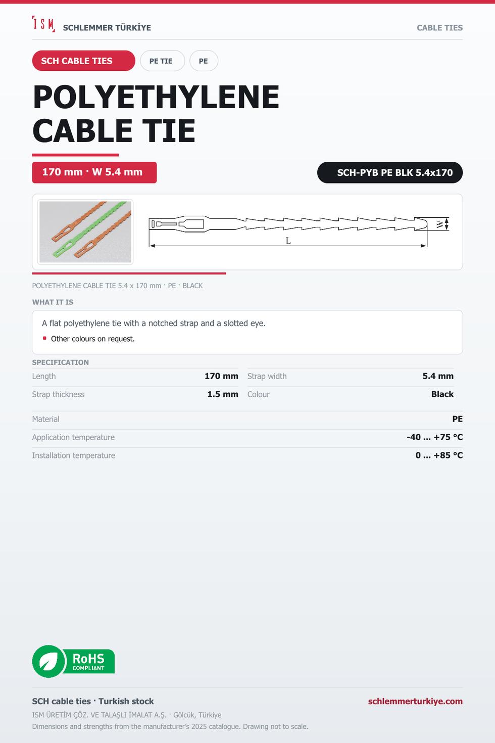 POLYETHYLENE CABLE TIE 5.4x170 BLACK POLYETHYLENE