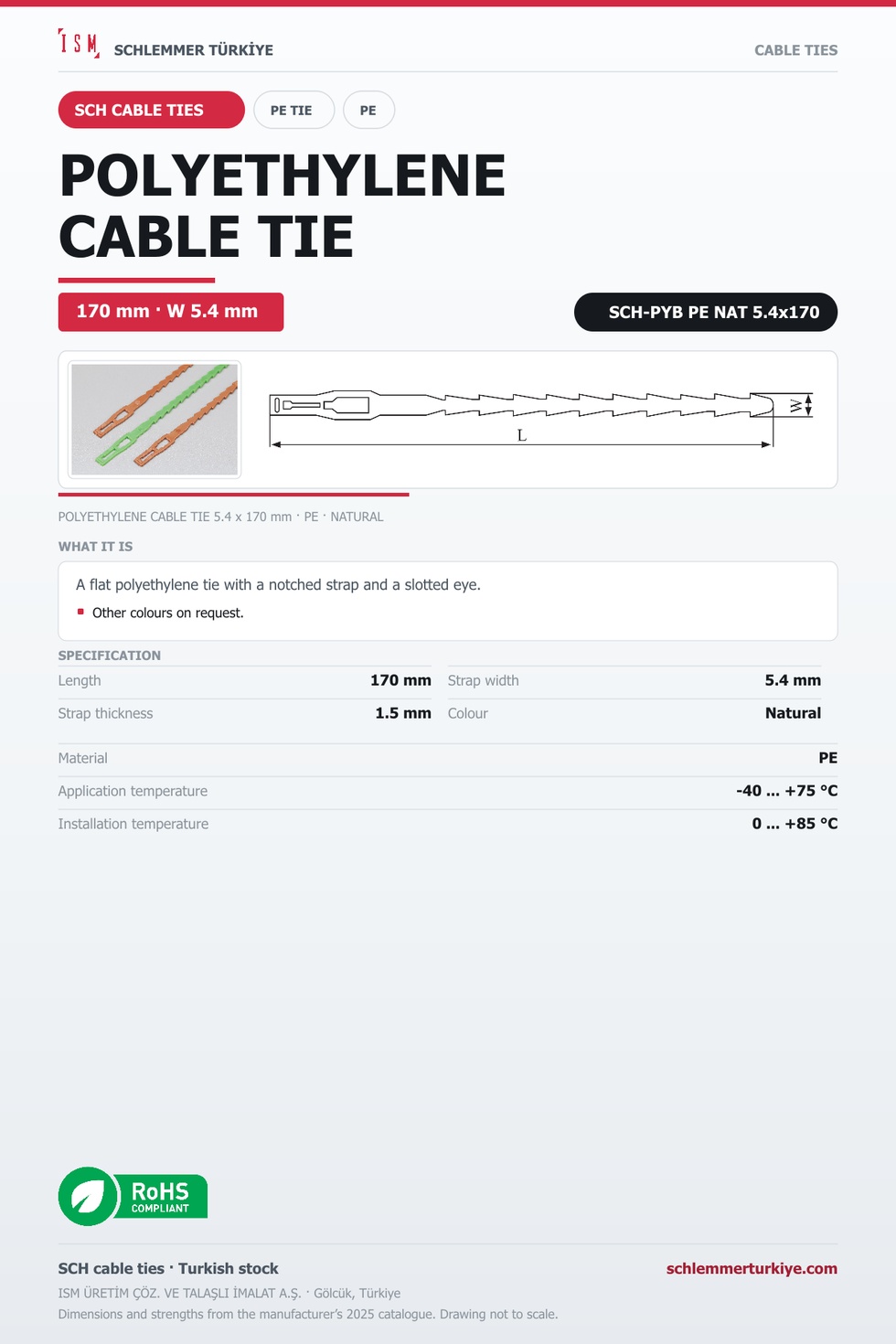 POLYETHYLENE CABLE TIE 5.4x170 NATURAL POLYETHYLENE