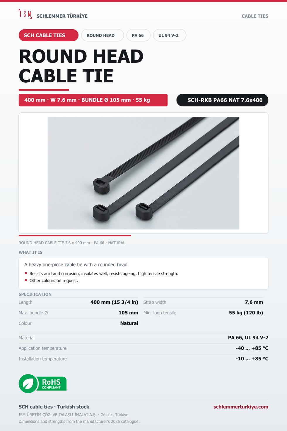 ROUND HEAD CABLE TIE 7.6x400 NATURAL POLYAMIDE 6.6
