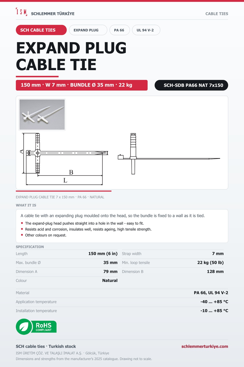 EXPAND PLUG CABLE TIE 7x150 NATURAL POLYAMIDE 6.6