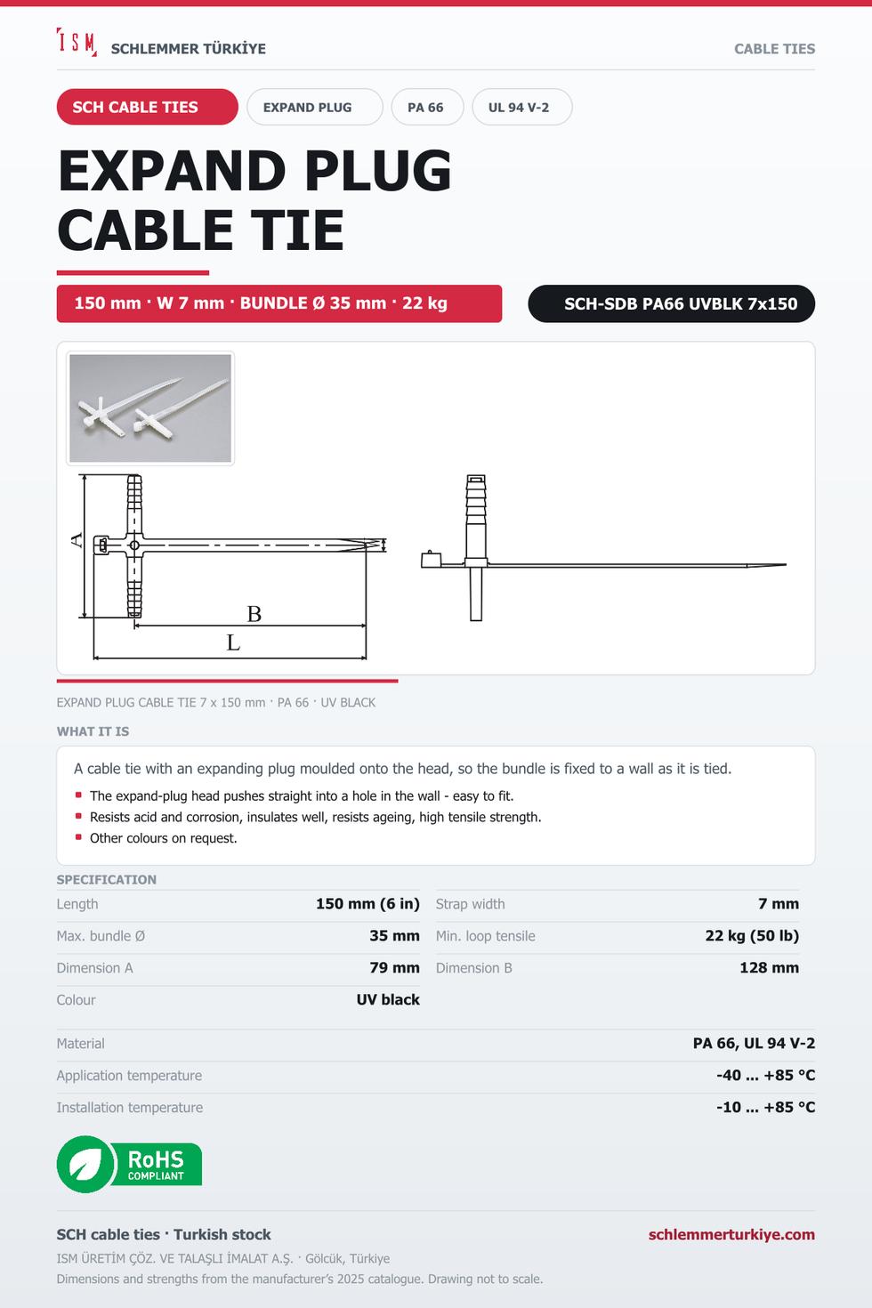 EXPAND PLUG CABLE TIE 7x150 UV BLACK POLYAMIDE 6.6