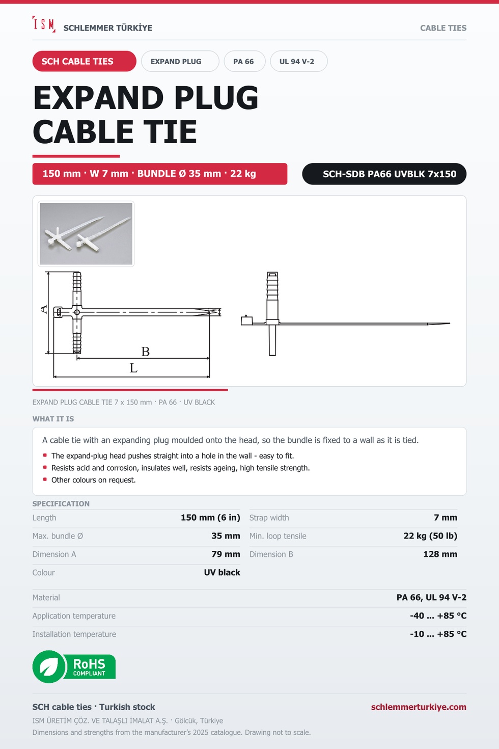 EXPAND PLUG CABLE TIE 7x150 UV BLACK POLYAMIDE 6.6