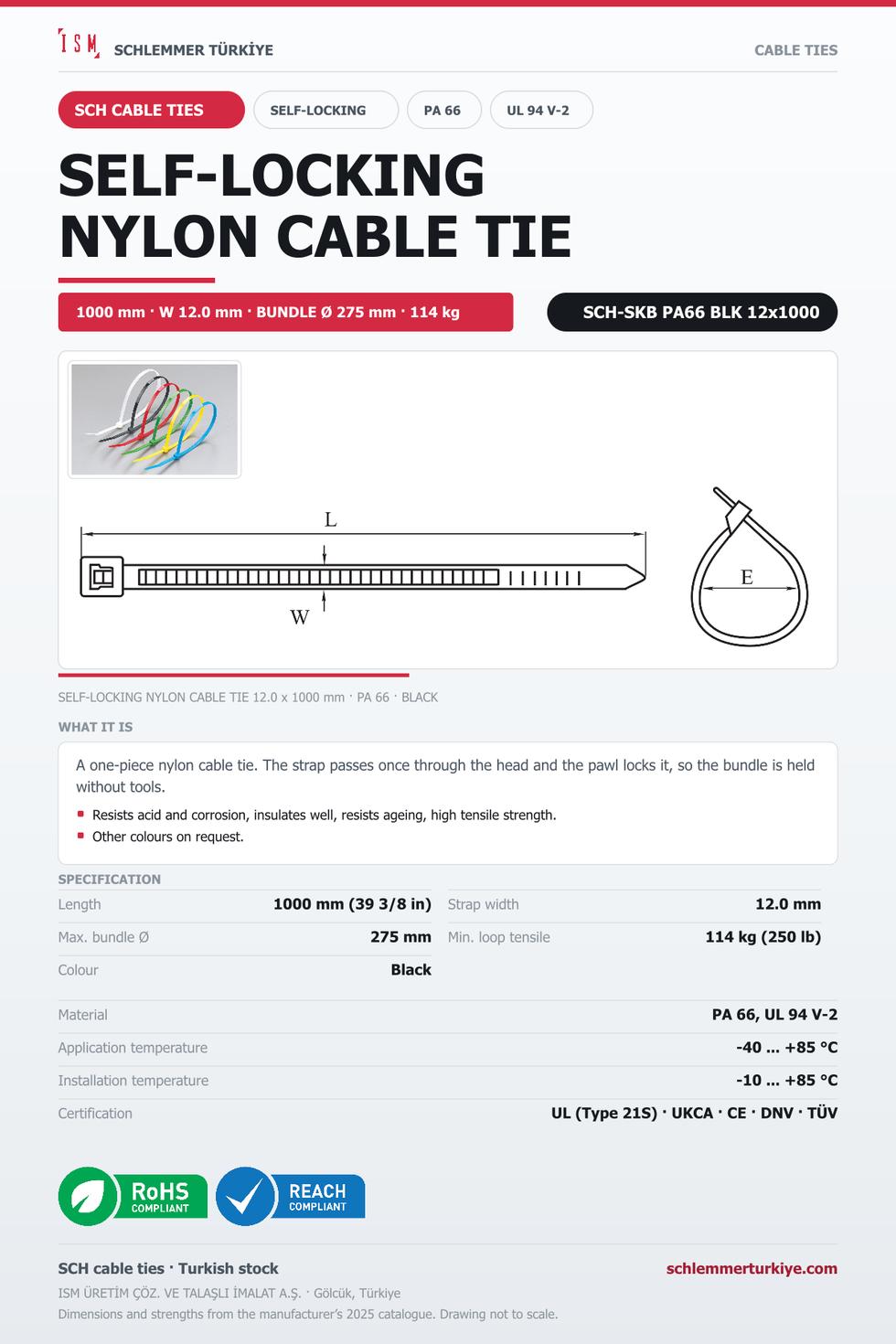 SELF-LOCKING CABLE TIE 12x1000 BLACK POLYAMIDE 6.6