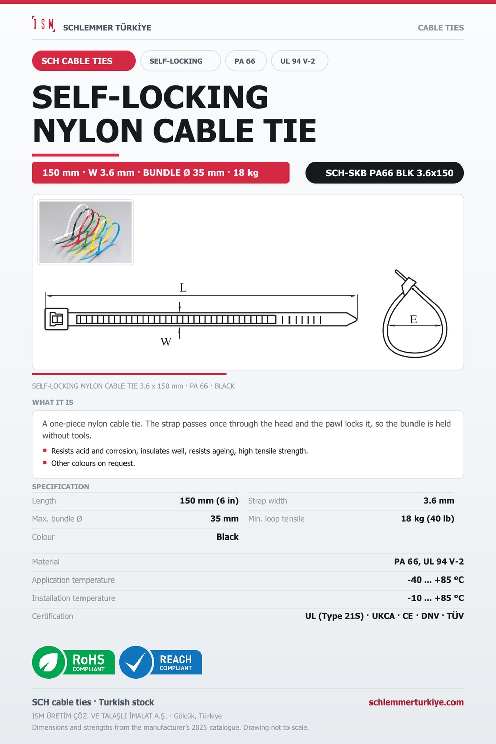 SELF-LOCKING CABLE TIE 3.6x150 BLACK POLYAMIDE 6.6