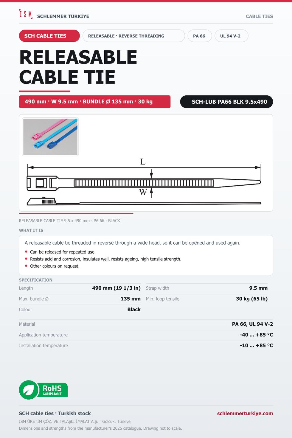 RELEASABLE CABLE TIE REVERSE THREADING 9.5x490 BLACK POLYAMIDE 6.6