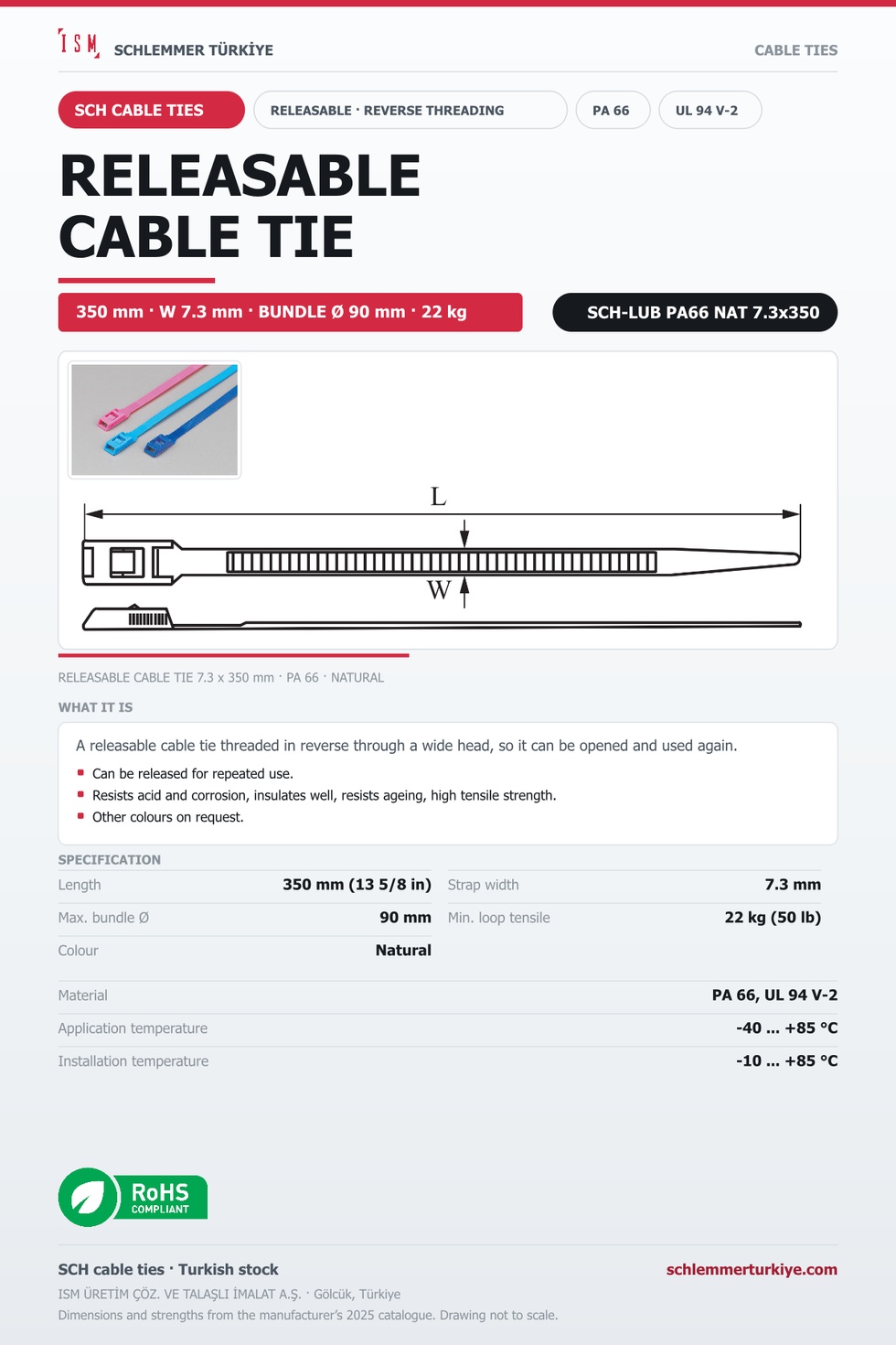 RELEASABLE CABLE TIE REVERSE THREADING 7.3x350 NATURAL POLYAMIDE 6.6