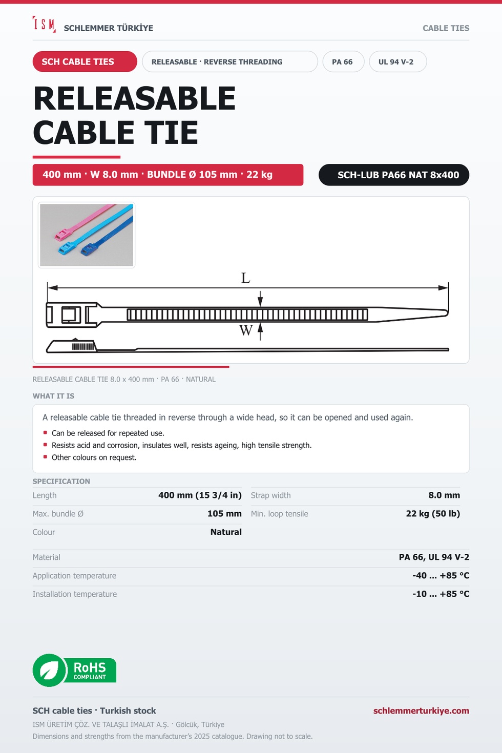 RELEASABLE CABLE TIE REVERSE THREADING 8x400 NATURAL POLYAMIDE 6.6