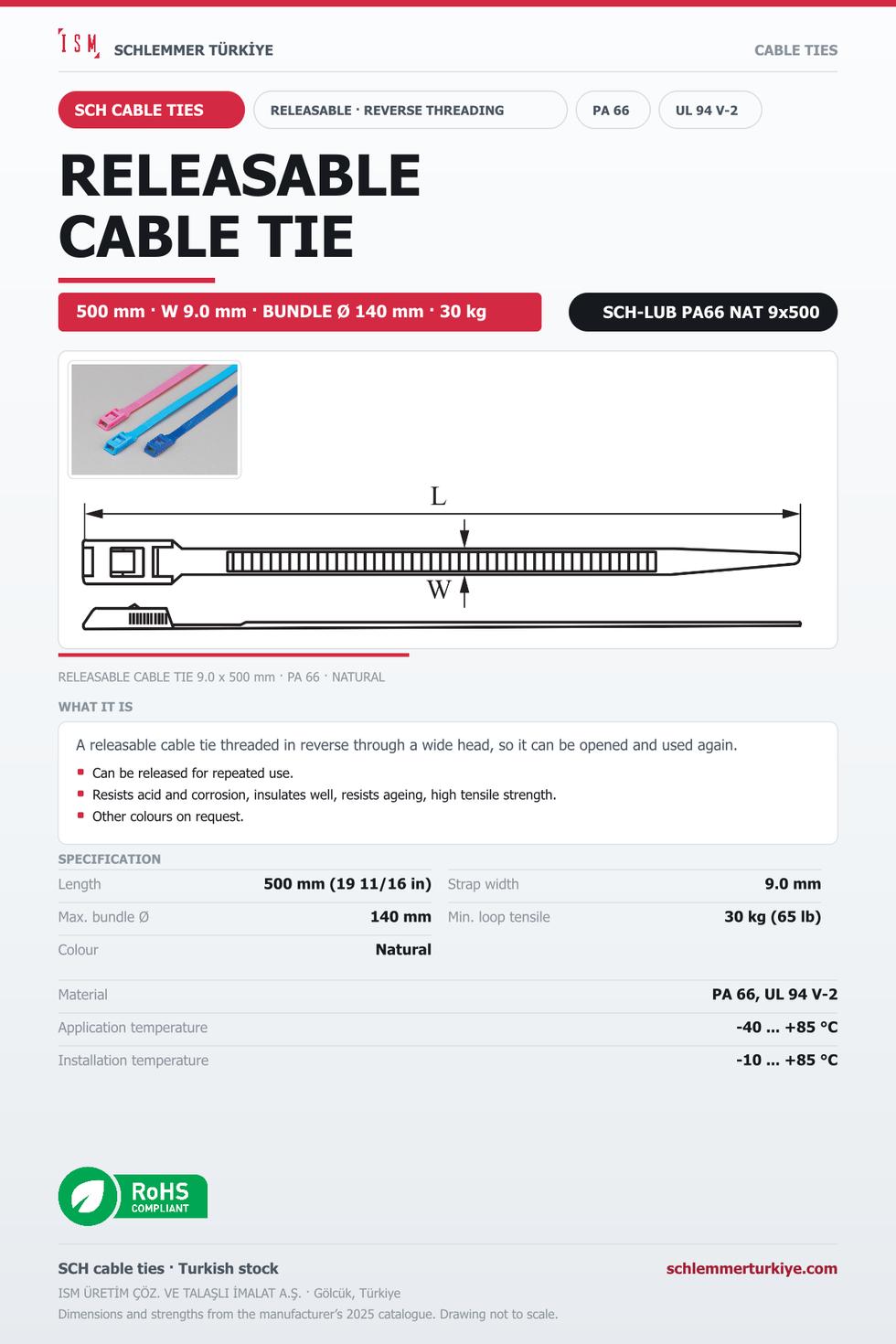 RELEASABLE CABLE TIE REVERSE THREADING 9x500 NATURAL POLYAMIDE 6.6