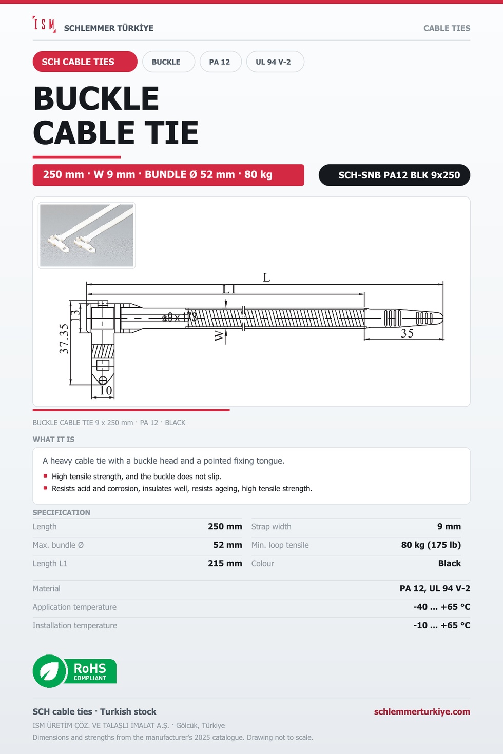 BUCKLE CABLE TIE 9x250 BLACK POLYAMIDE 12