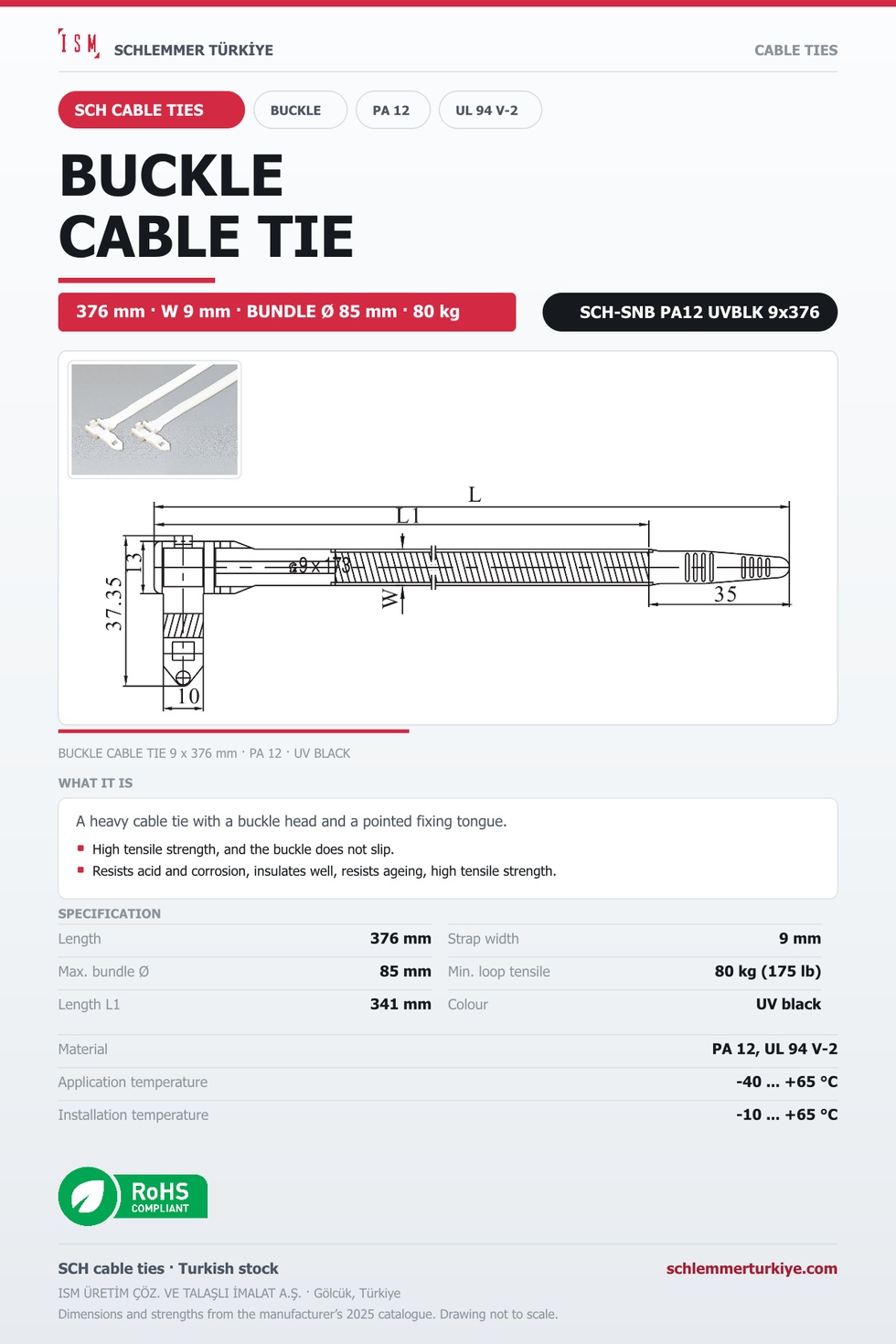 BUCKLE CABLE TIE 9x376 UV BLACK POLYAMIDE 12
