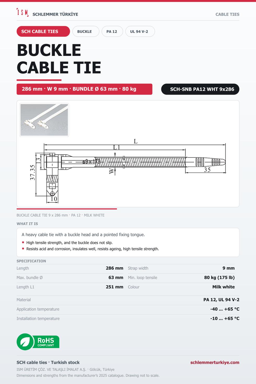 BUCKLE CABLE TIE 9x286 MILK WHITE POLYAMIDE 12