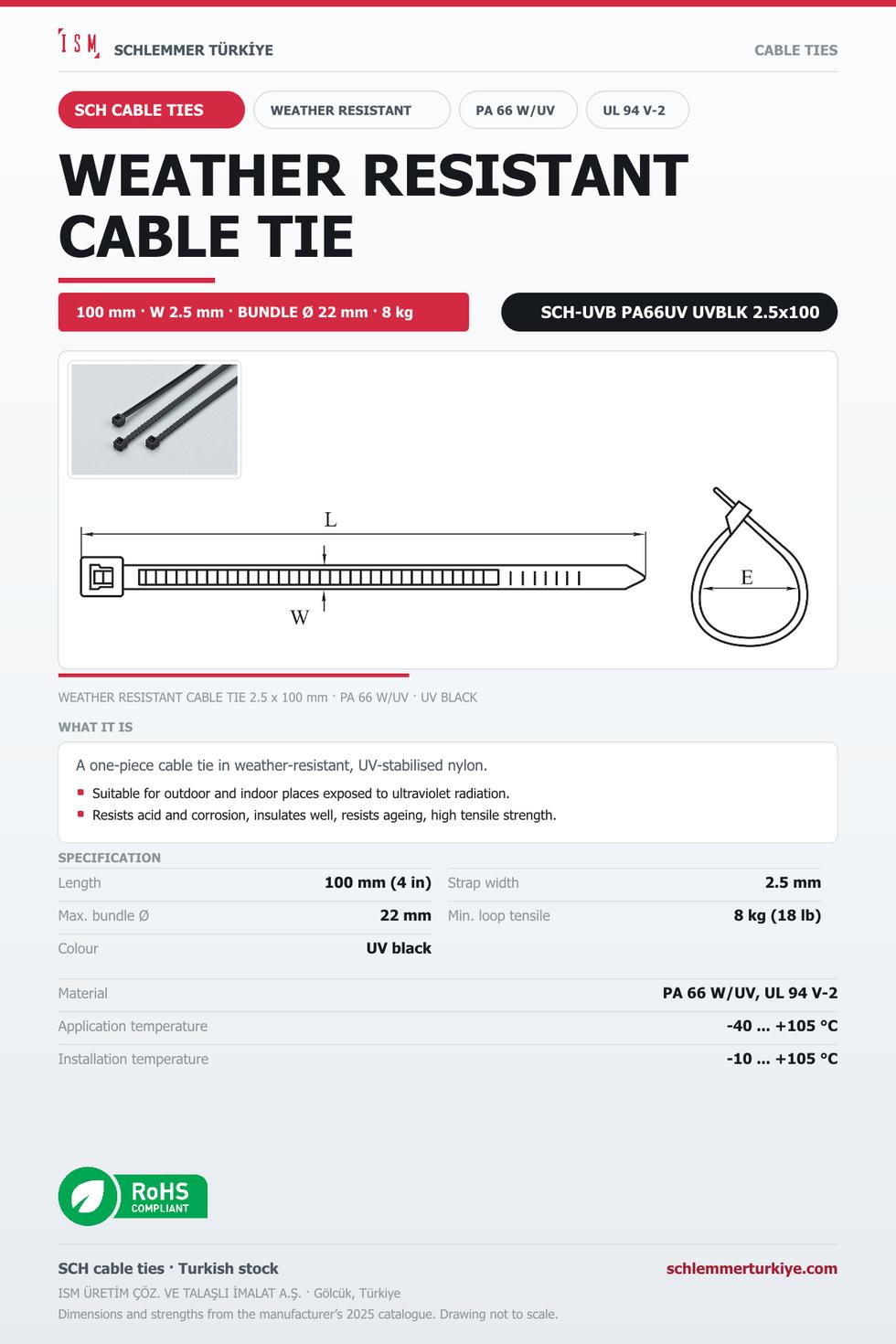 WEATHER RESISTANT (UV) CABLE TIE 2.5x100 UV BLACK POLYAMIDE 6.6 UV RESISTANT