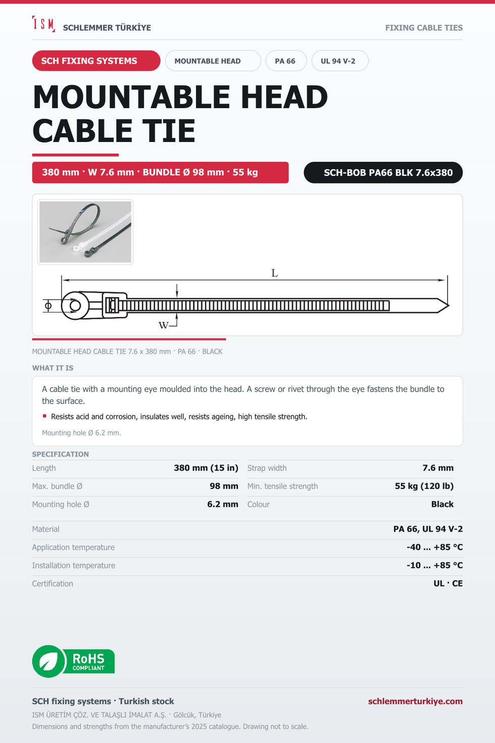 MOUNTABLE HEAD CABLE TIE 7.6x380 BLACK POLYAMIDE 6.6